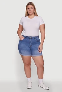 Womens Plus Size WAX High Waisted Denim Shorts with Stretch and Whiskering, Blue, Size 3X