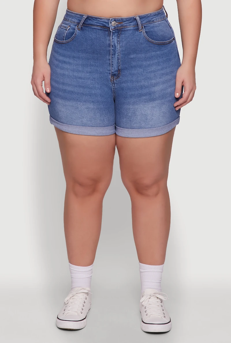 Womens Plus Size WAX High Waisted Denim Shorts with Stretch and Whiskering, Blue, Size 3X