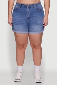 Womens Plus Size WAX High Waisted Denim Shorts with Stretch and Whiskering, Blue, Size 3X