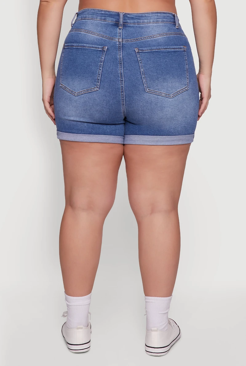 Womens Plus Size WAX High Waisted Denim Shorts with Stretch and Whiskering, Blue, Size 3X