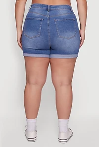 Womens Plus Size WAX High Waisted Denim Shorts with Stretch and Whiskering, Blue, Size 3X
