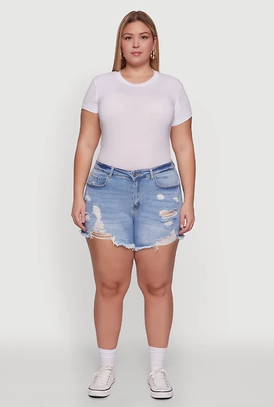 Womens Plus Size WAX High Waisted Frayed Distressed Denim Shorts, Blue, Size 3X