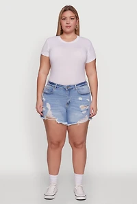 Womens Plus Size WAX High Waisted Frayed Distressed Denim Shorts, Blue, Size 3X