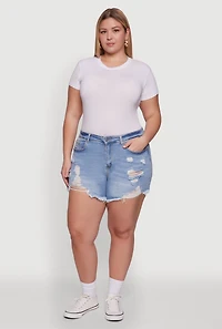 Womens Plus Size WAX High Waisted Frayed Distressed Denim Shorts, Blue, Size 3X