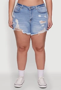 Womens Plus Size WAX High Waisted Frayed Distressed Denim Shorts, Blue, Size 3X