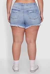 Womens Plus Size WAX High Waisted Frayed Distressed Denim Shorts, Blue, Size 3X