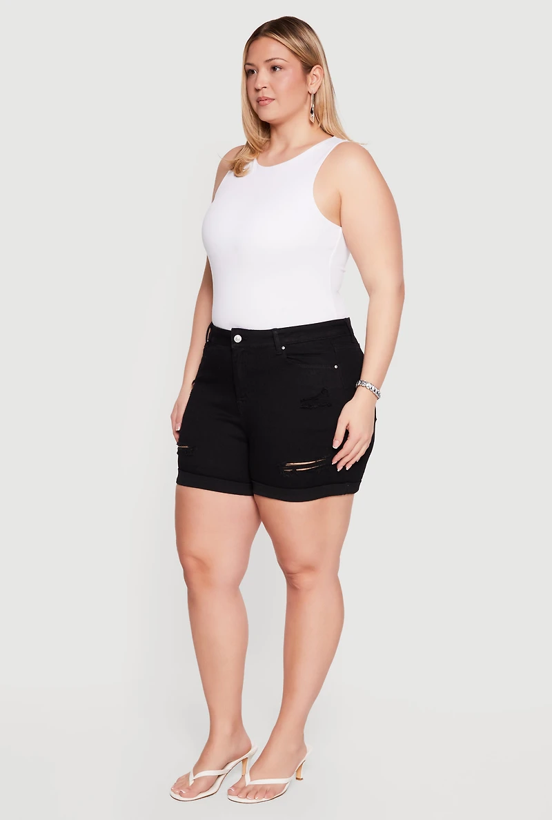Plus High Waisted Distressed Denim Shorts