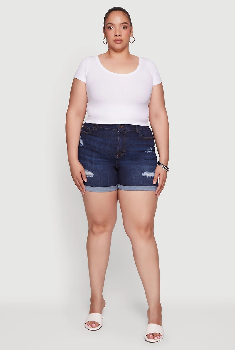 Plus High Waisted Distressed Denim Shorts