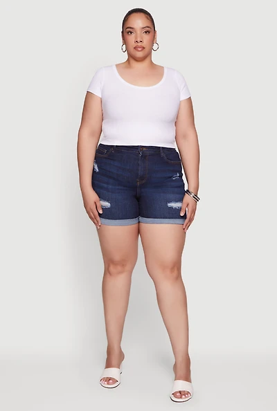 Plus High Waisted Distressed Denim Shorts