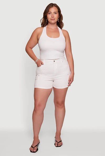 Plus High Waisted Twill Cargo Shorts