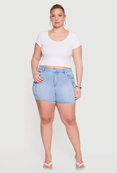 Plus High Waisted Denim Cargo Shorts