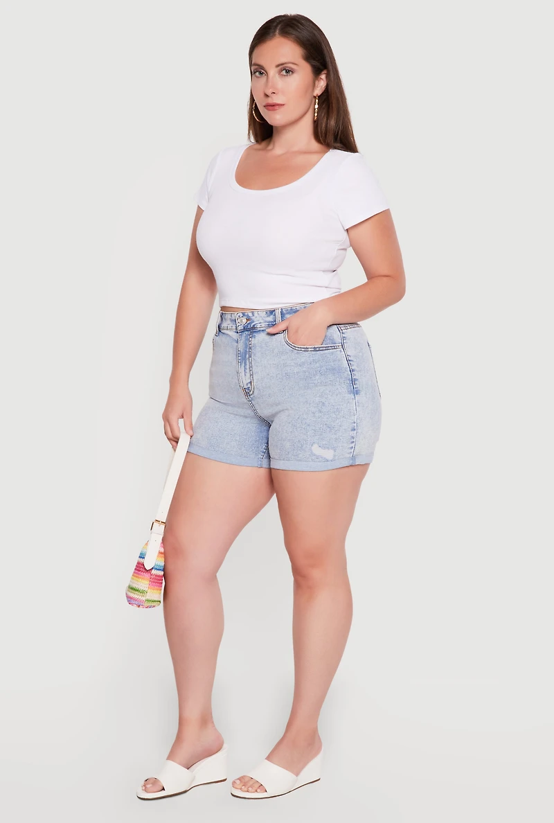 Plus WAX Acid Wash Distressed Rolled Cuffed Shorts