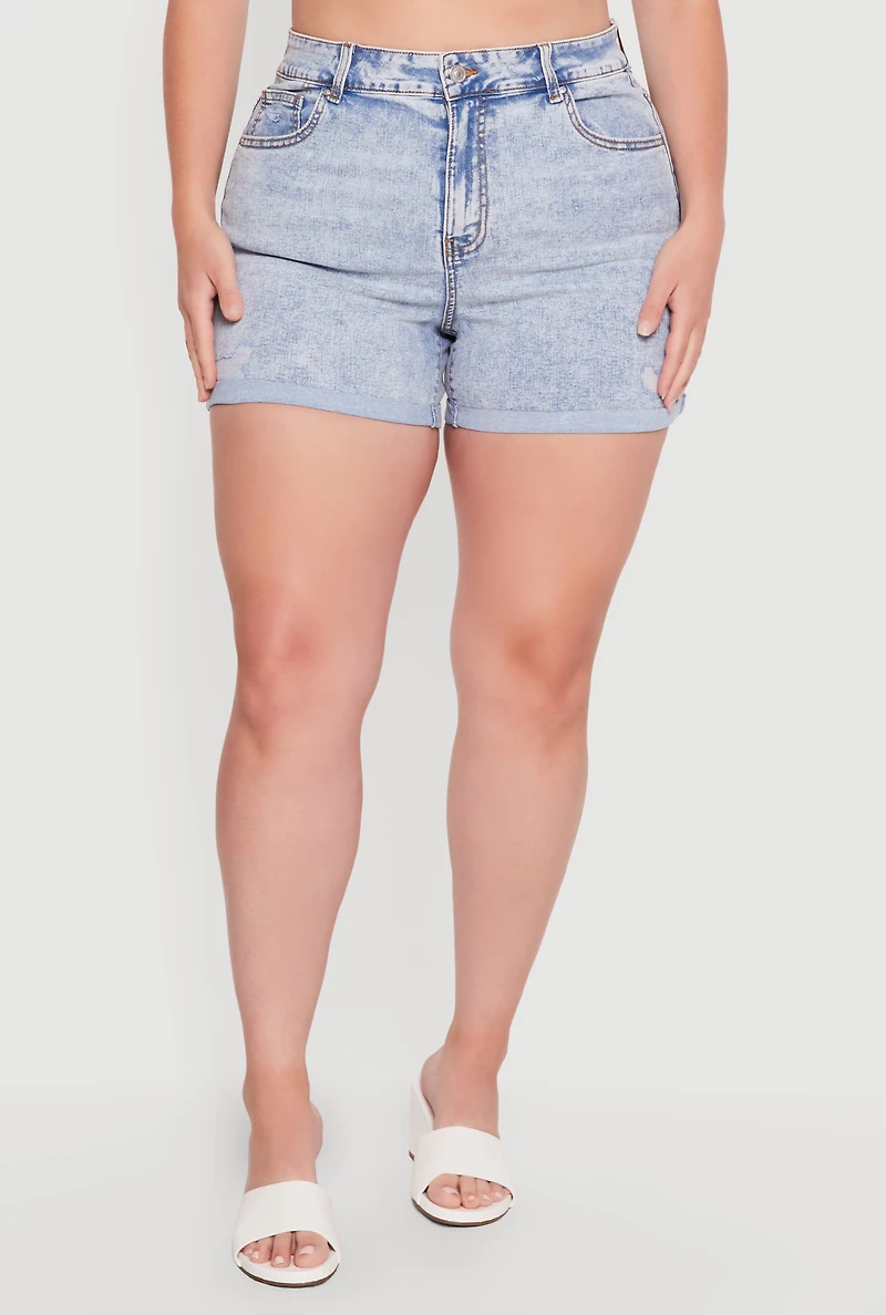 Plus WAX Acid Wash Distressed Rolled Cuffed Shorts