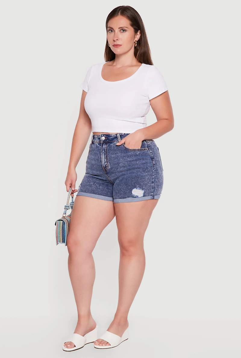 Plus WAX Acid Wash Distressed Rolled Cuffed Shorts