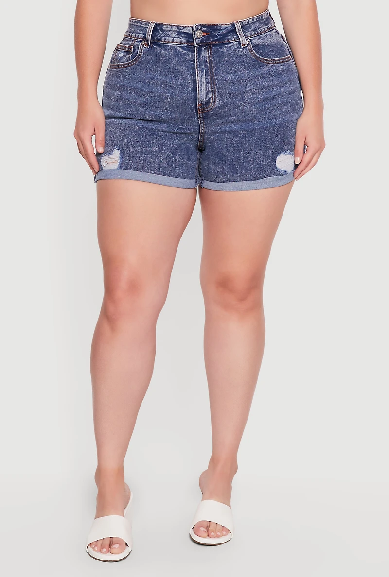 Plus WAX Acid Wash Distressed Rolled Cuffed Shorts