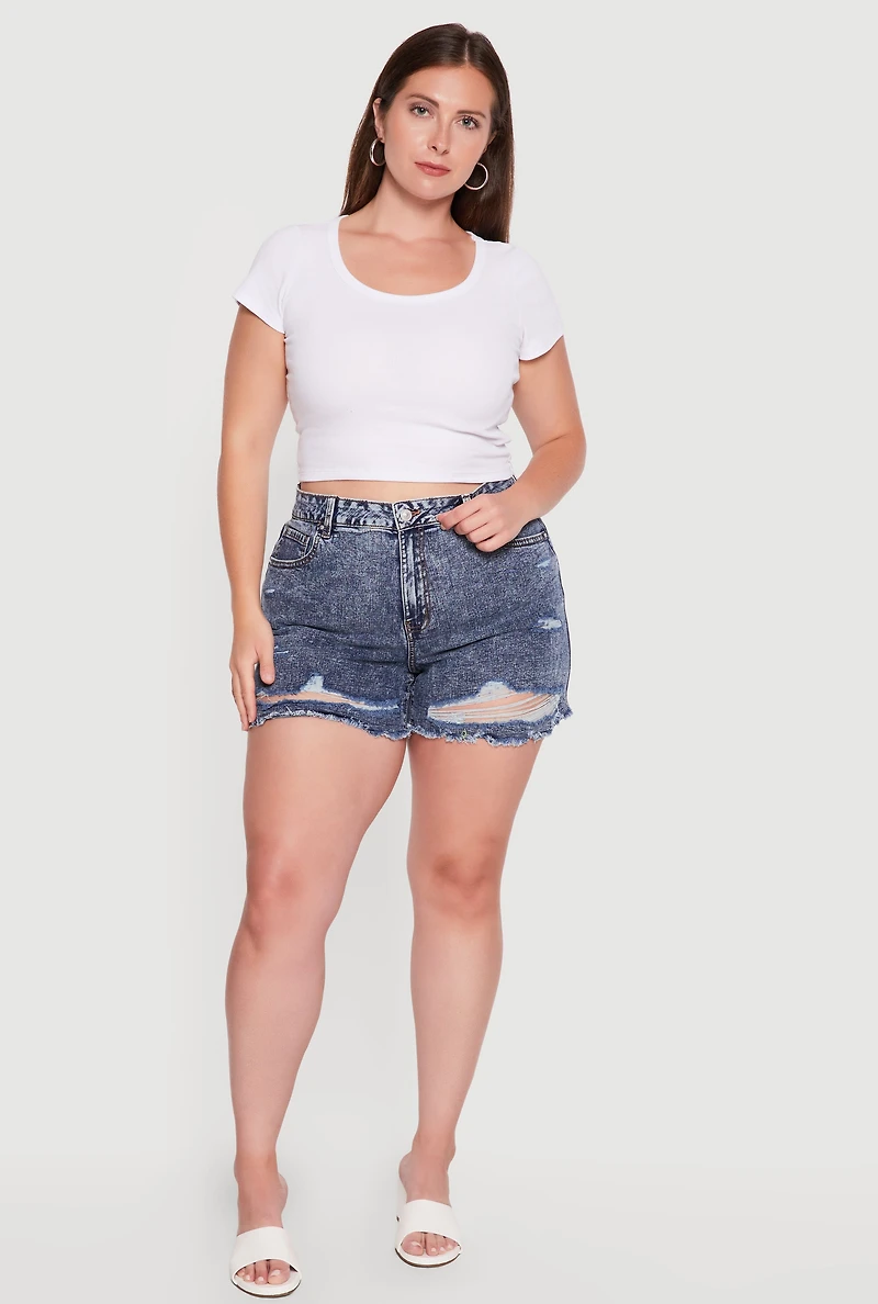 Plus Raw Hem Distressed Denim Shorts