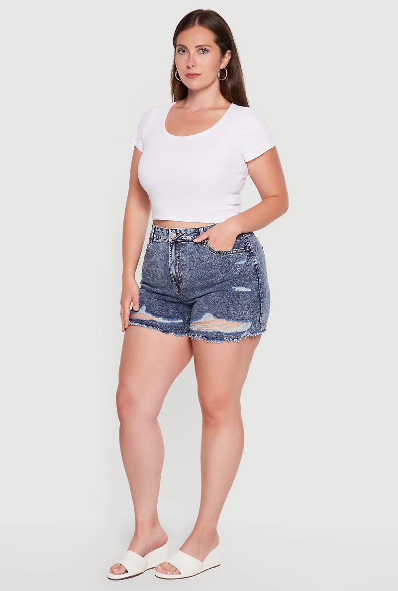 Plus Raw Hem Distressed Denim Shorts