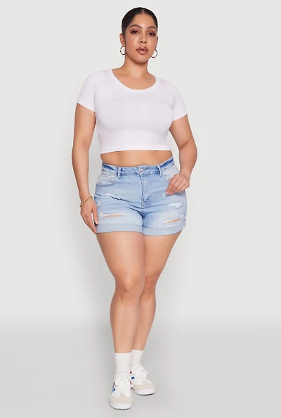 Womens Plus Size WAX High Waisted Distressed Shorts, Blue, Size 3X