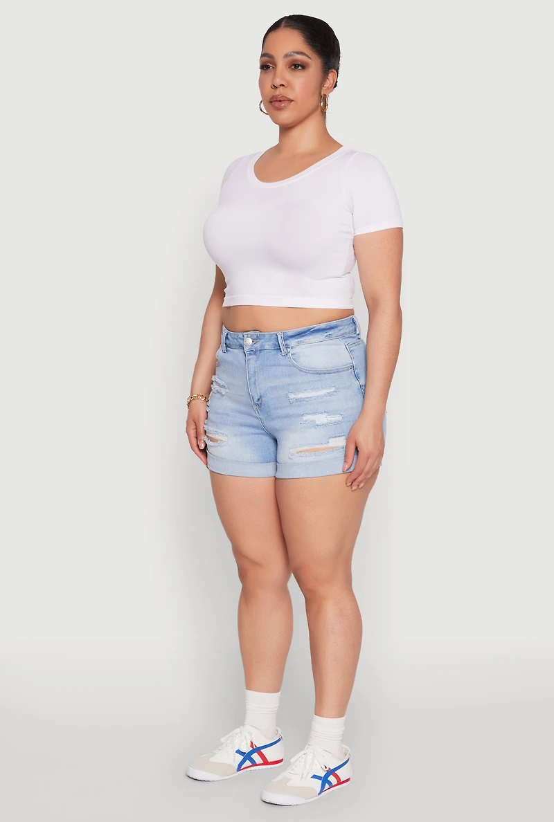Womens Plus Size WAX High Waisted Distressed Shorts, Blue, Size 3X
