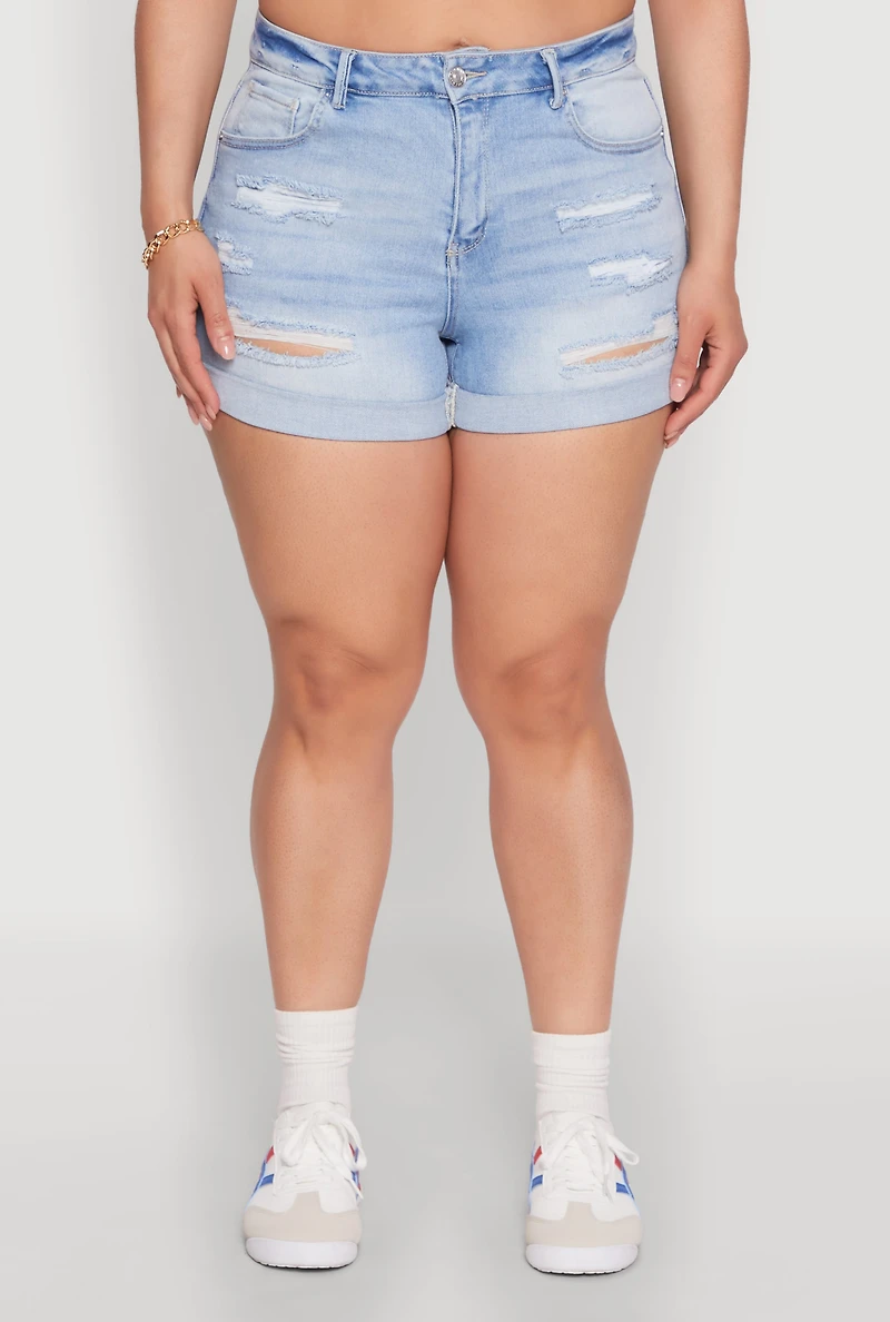 Womens Plus Size WAX High Waisted Distressed Shorts, Blue, Size 3X