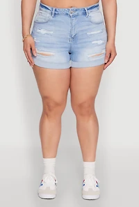 Womens Plus Size WAX High Waisted Distressed Shorts, Blue, Size 3X