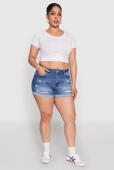 Womens Plus Size WAX High Waisted Distressed Shorts, Blue, Size 1X