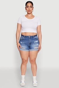 Womens Plus Size WAX High Waisted Distressed Shorts, Blue, Size 1X