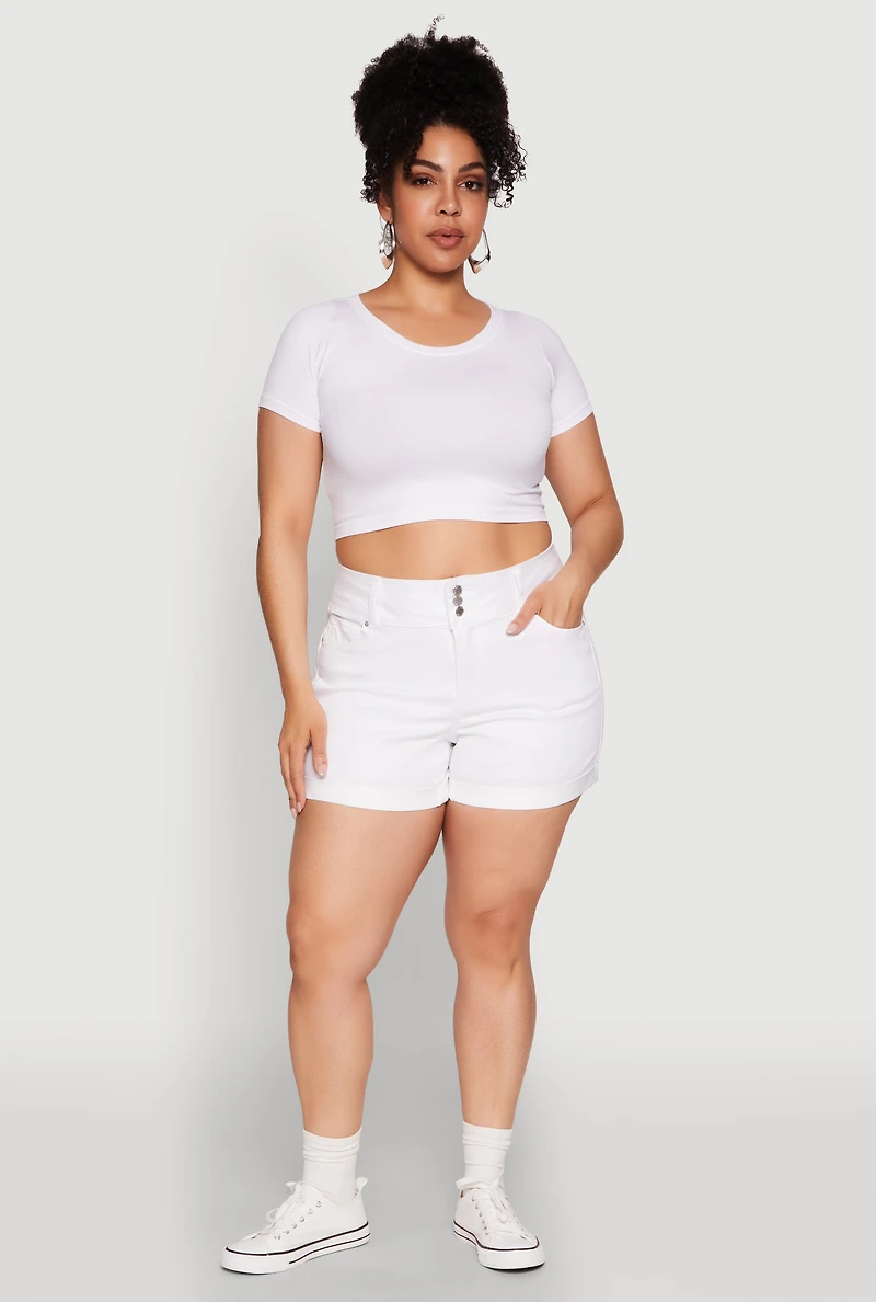Womens Plus WAX Cuffed High Waisted Shorts, White,