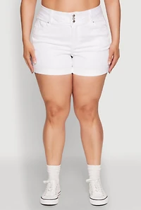 Womens Plus WAX Cuffed High Waisted Shorts, White,