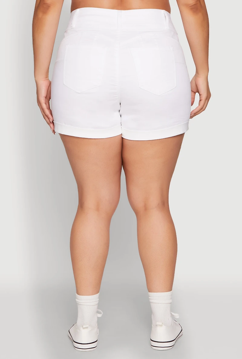 Womens Plus WAX Cuffed High Waisted Shorts, White,