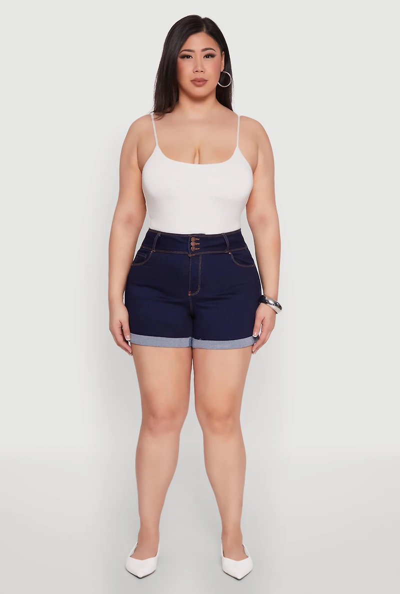 Womens Plus WAX Cuffed High Waisted Shorts, Blue,