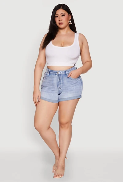 Womens Plus Size WAX Denim Whiskered Shorts, Blue, Size 3X