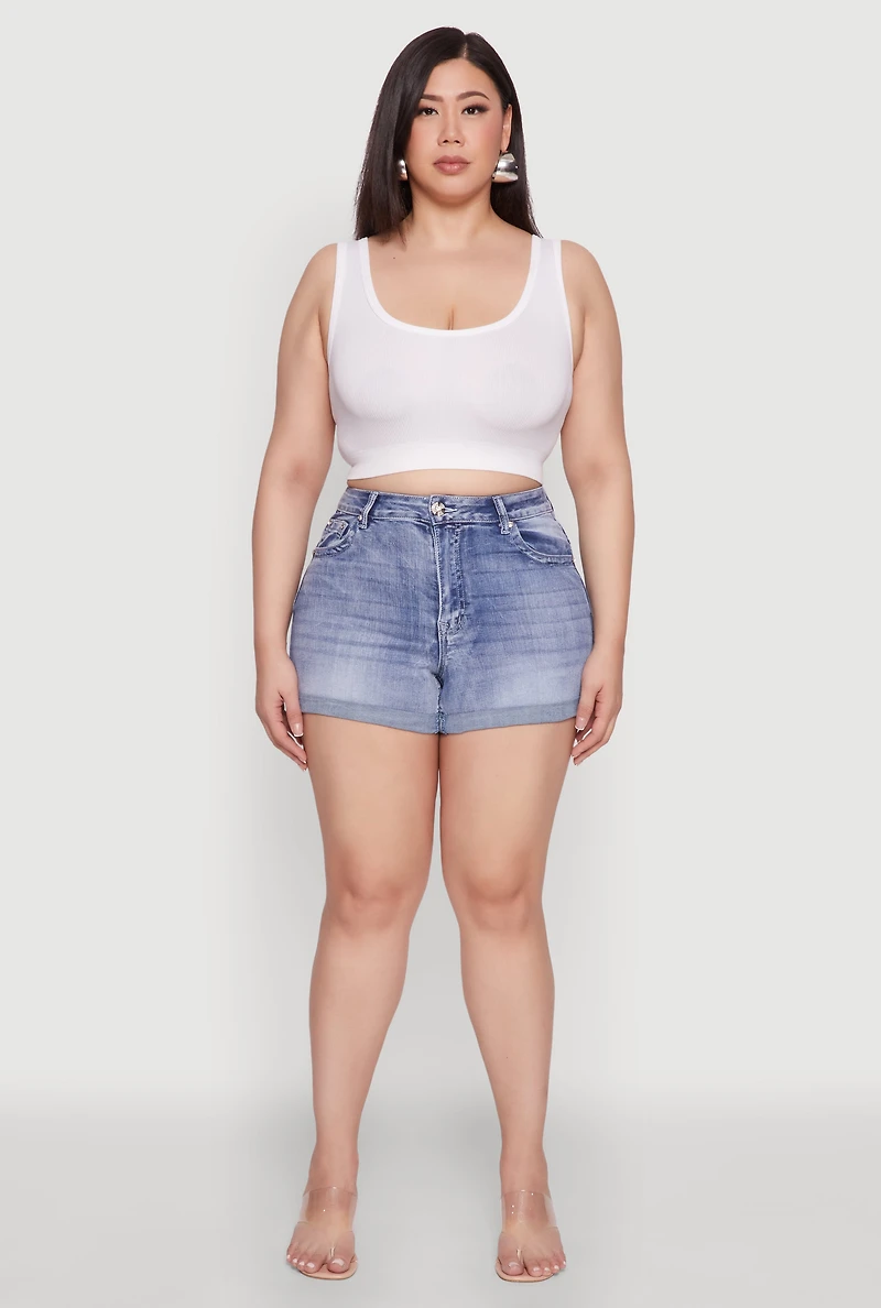 Womens Plus Size WAX Denim Whiskered Shorts, Blue, Size 2X