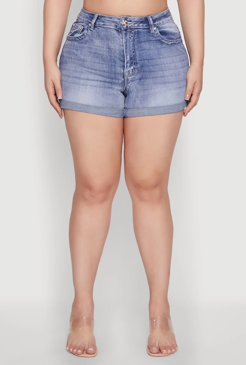 Womens Plus Size WAX Denim Whiskered Shorts, Blue, Size 2X