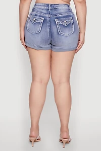 Womens Plus Size WAX Denim Whiskered Shorts, Blue, Size 2X