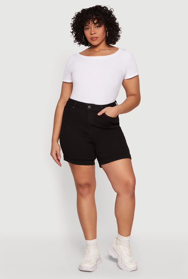 Plus Fixed Cuff Frayed Denim Shorts