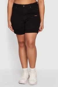 Plus Fixed Cuff Frayed Denim Shorts