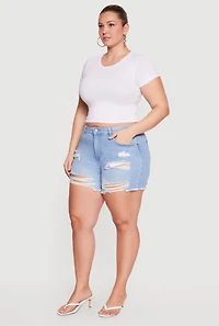 Plus WAX Distressed High Waisted Frayed Hem Mom Shorts