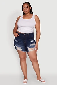 Plus WAX Distressed High Waisted Frayed Hem Mom Shorts