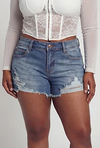 Plus Distressed Raw Hem Denim Shorts