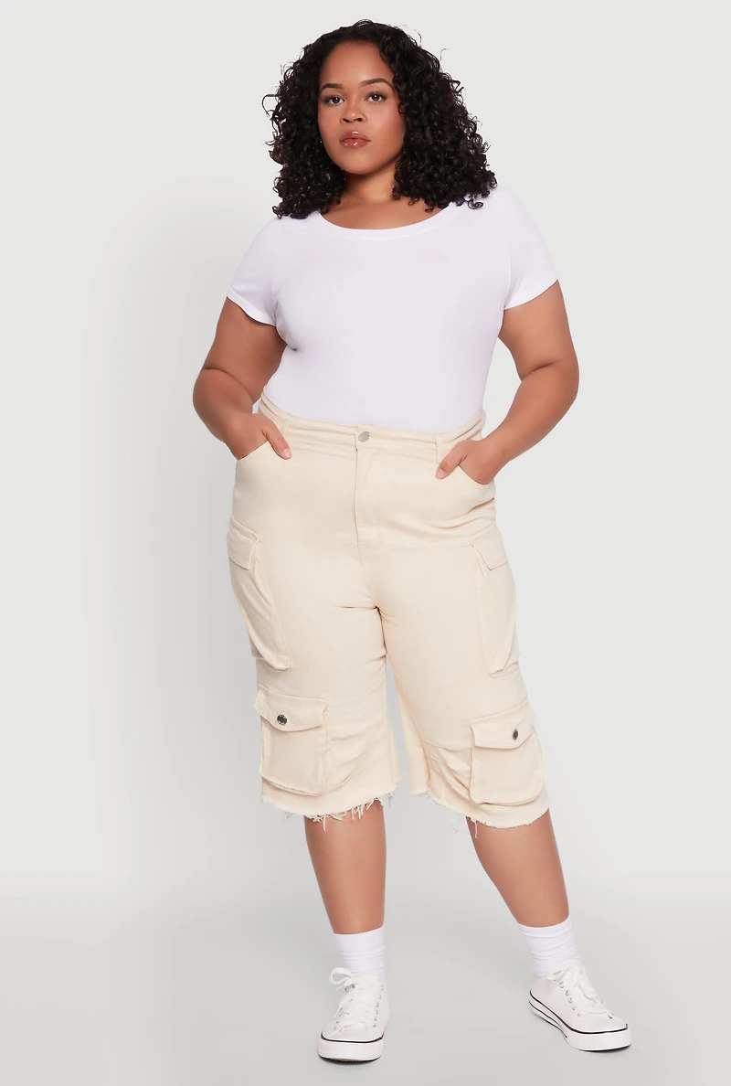 Womens Plus Size Daisy Frayed Hem Denim Cargo Shorts, Khaki, Size 3X