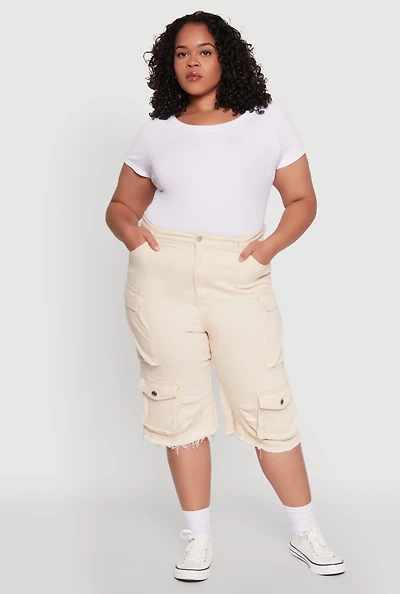 Womens Plus Size Daisy Frayed Hem Denim Cargo Shorts, Khaki, Size 3X