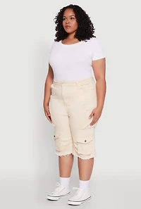 Womens Plus Size Daisy Frayed Hem Denim Cargo Shorts, Khaki, Size 3X