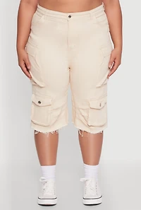 Womens Plus Size Daisy Frayed Hem Denim Cargo Shorts, Khaki, Size 3X