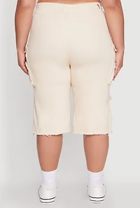 Womens Plus Size Daisy Frayed Hem Denim Cargo Shorts, Khaki, Size 3X