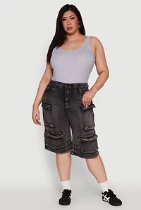 Womens Plus Size Daisy Denim Cargo Pocket Bermuda Shorts, Grey, Size 2X