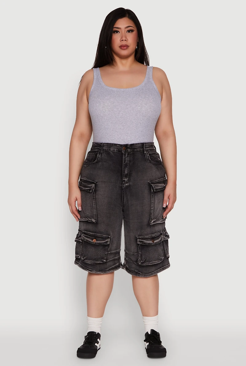 Womens Plus Size Daisy Denim Cargo Pocket Bermuda Shorts, Grey, Size 2X