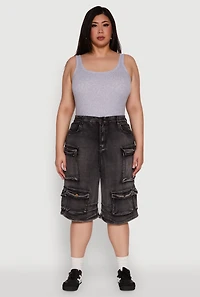 Womens Plus Size Daisy Denim Cargo Pocket Bermuda Shorts, Grey, Size 2X
