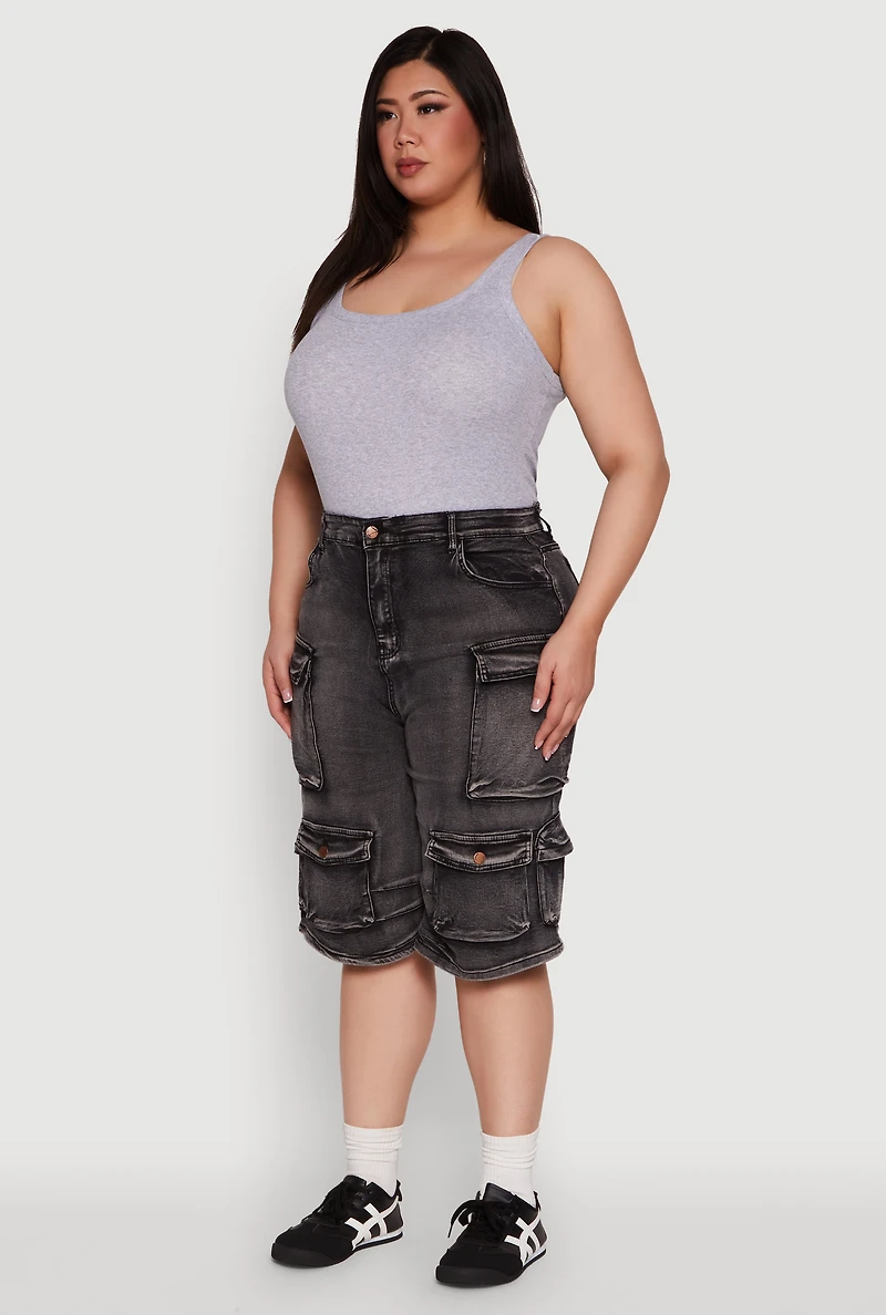 Womens Plus Size Daisy Denim Cargo Pocket Bermuda Shorts, Grey, Size 2X