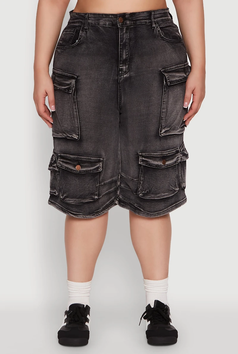 Womens Plus Size Daisy Denim Cargo Pocket Bermuda Shorts, Grey, Size 2X